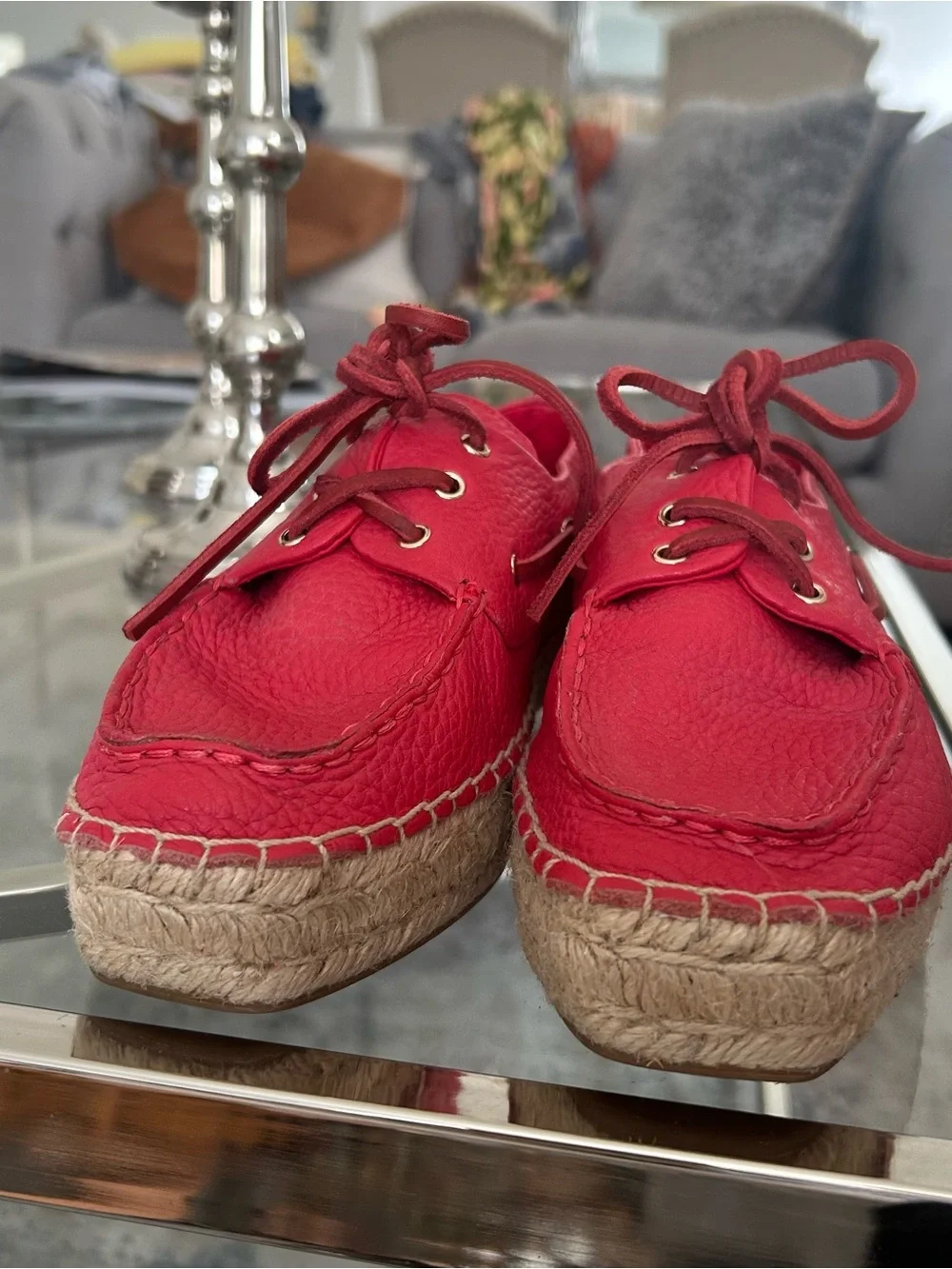 Tory Burch Red Women's Leather Espadrille Boat Shoes